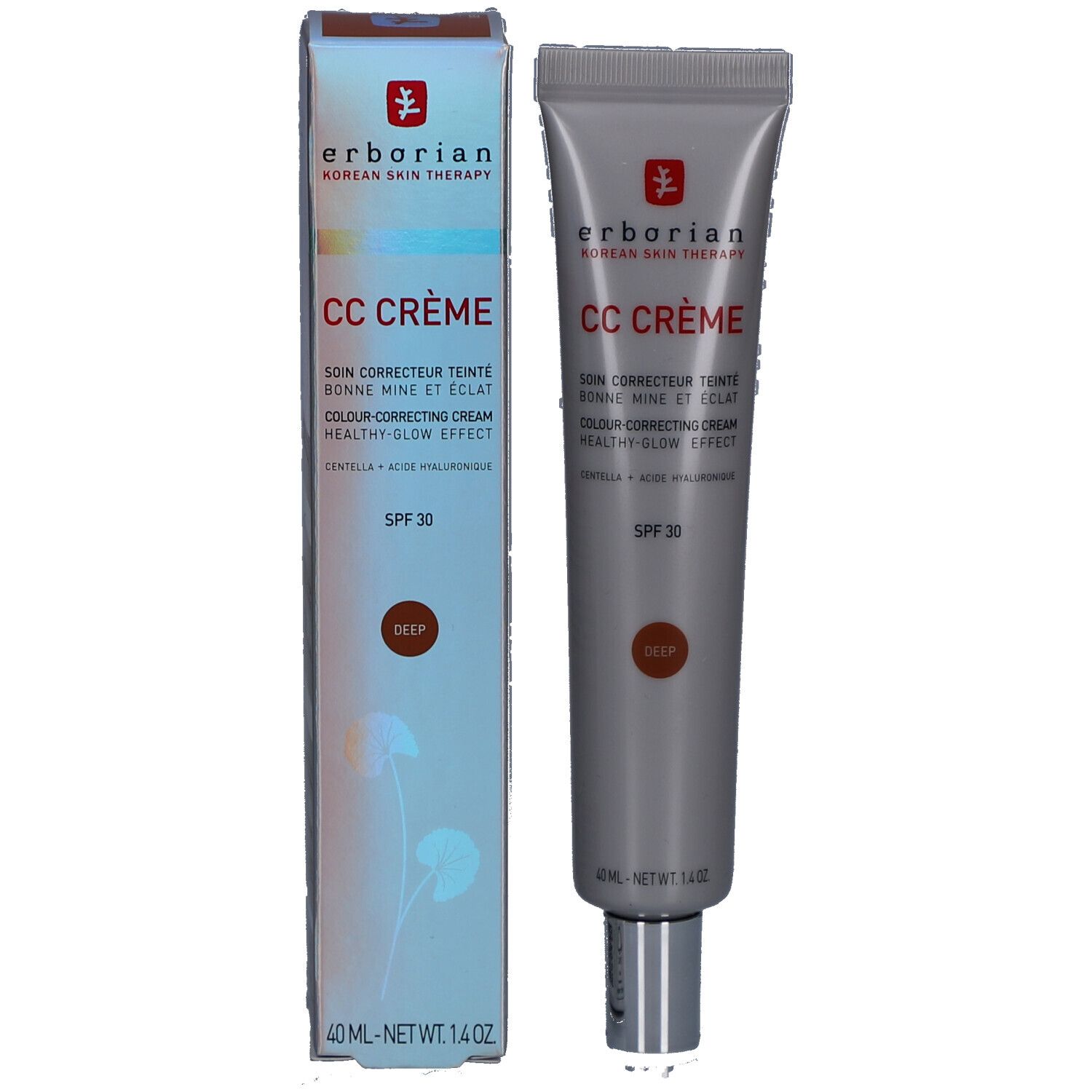 Tube et emballage Erborian CC Crème. Texte, teinte Deep, SPF 30. 40 ml. Emballage avec logo.