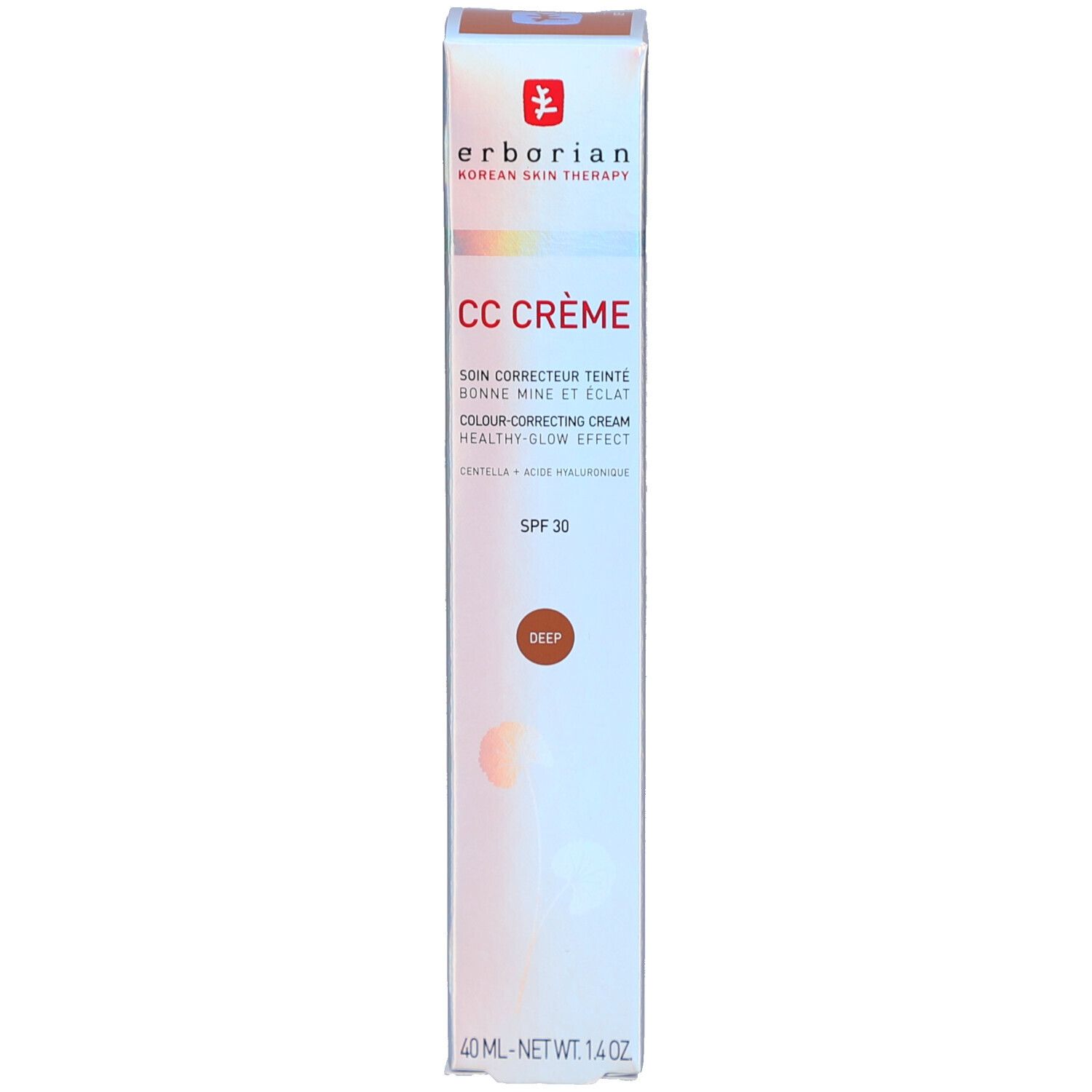 Emballage Erborian CC Crème. Texte, teinte Deep, SPF 30. 40 ml. Blanc avec logo et nom du produit.