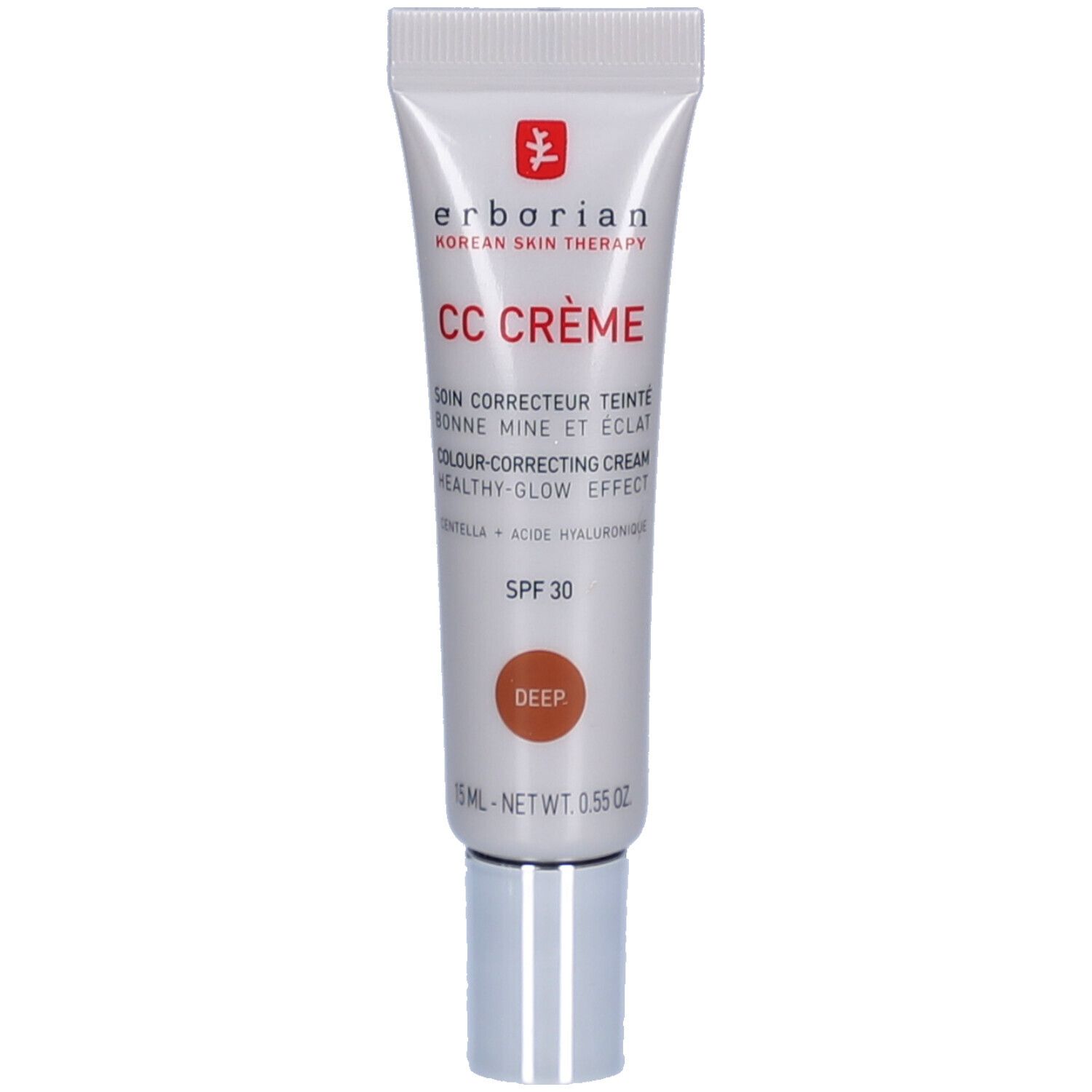 Tube blanc, bouchon argenté. Inscription: CC CRÈME, SPF 30, Deep. Marque: Erborian.