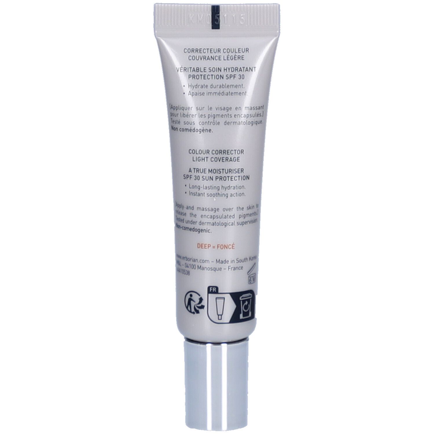 Dos du tube. Texte: CORRECTEUR COULEUR, PROTECTION SPF 30. Marque: Erborian. Ingrédients et mode d'emploi.