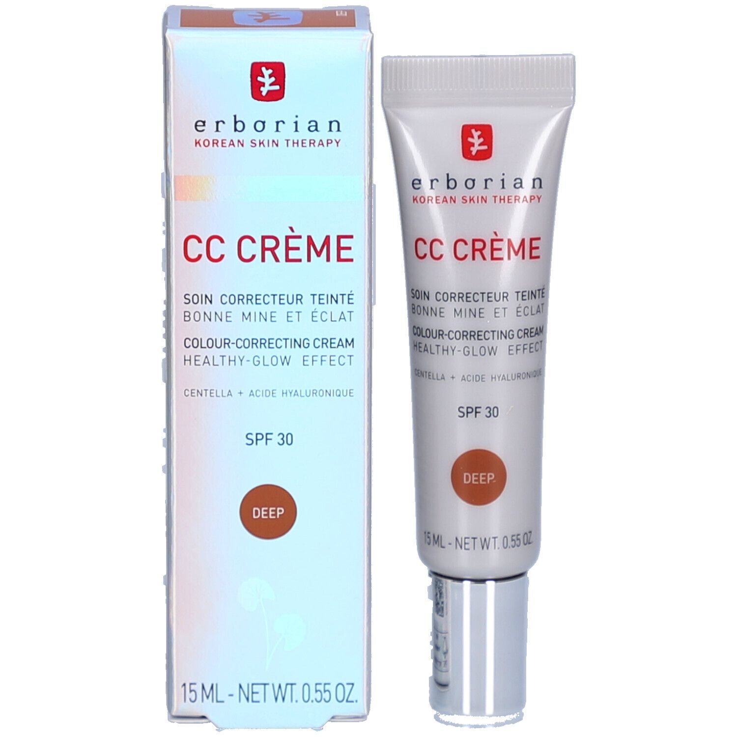 Produit et emballage. Boîte blanche et tube. Inscription: CC CRÈME, SPF 30, Deep. Marque: Erborian.