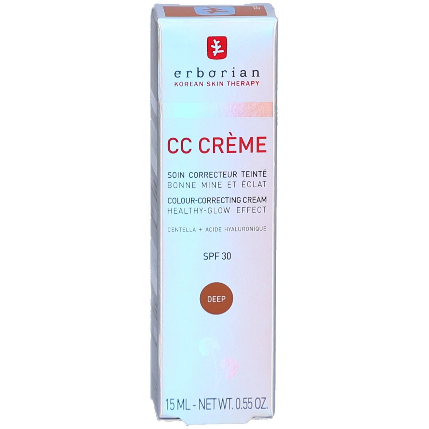 Boîte blanche avec inscription: CC CRÈME, SPF 30, Deep. Marque: Erborian. Image du produit.
