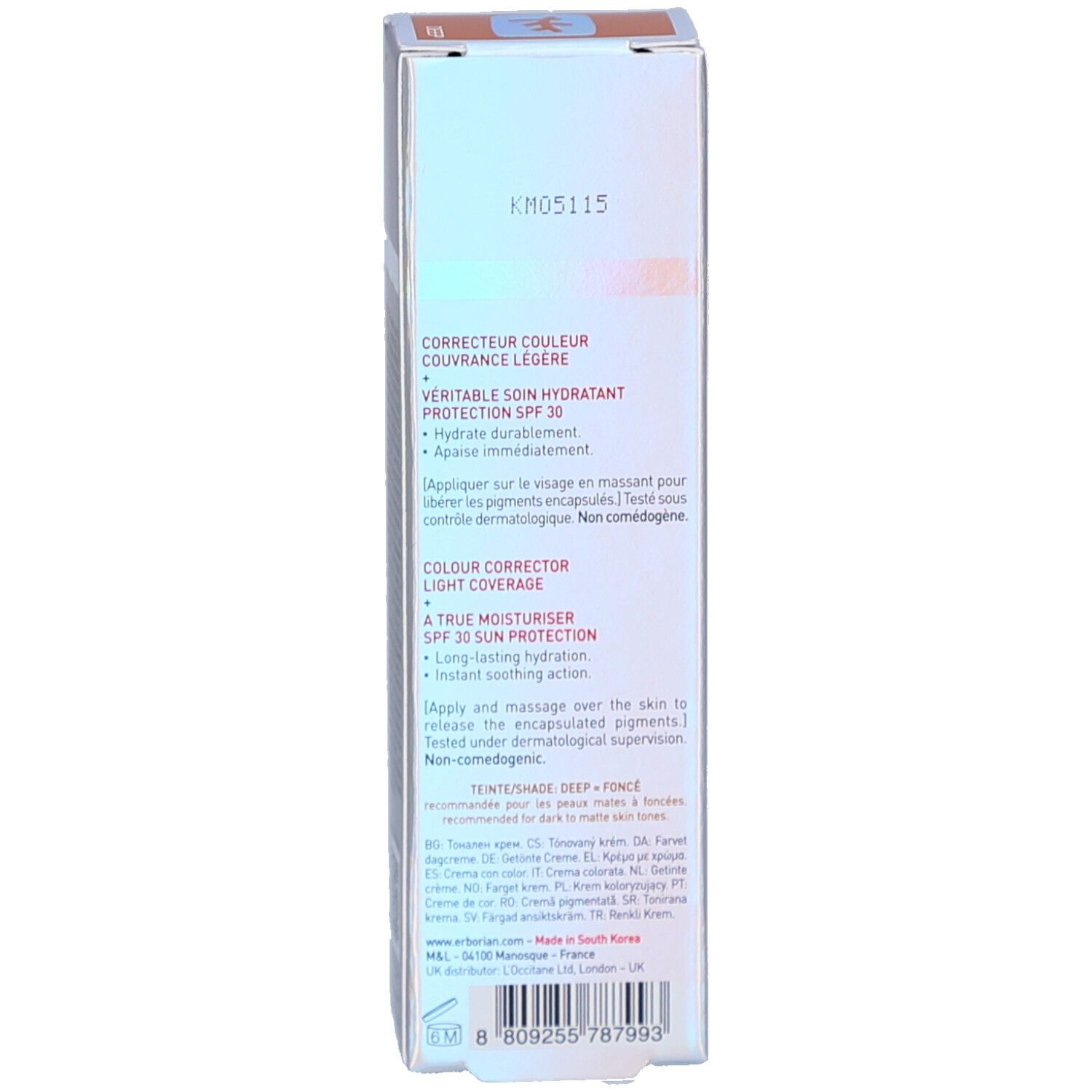 Dos de la boîte. Texte: CORRECTEUR COULEUR, PROTECTION SPF 30. Ingrédients et mode d'emploi.