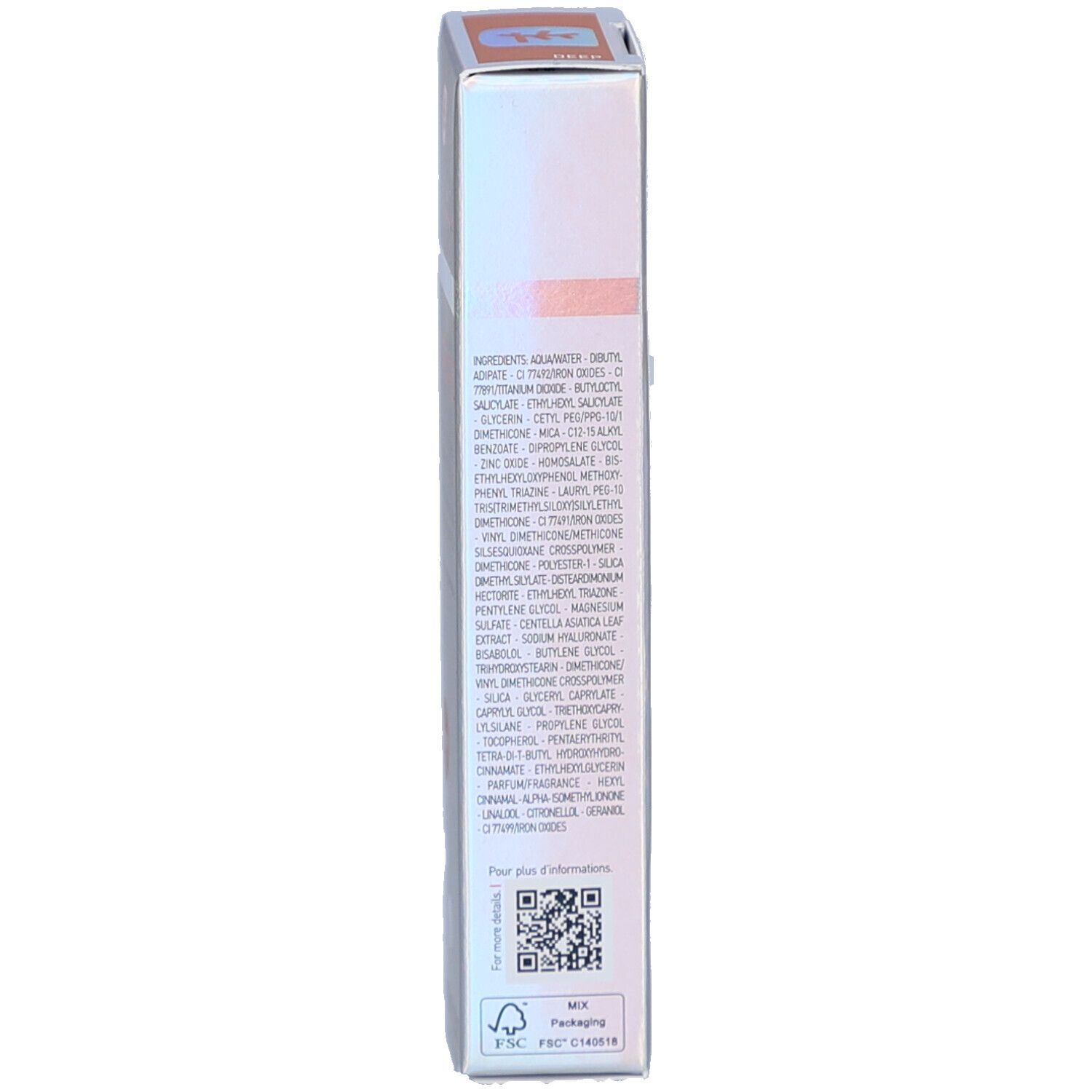 Dos de la boîte. Ingrédients. Code QR. Certification FSC.