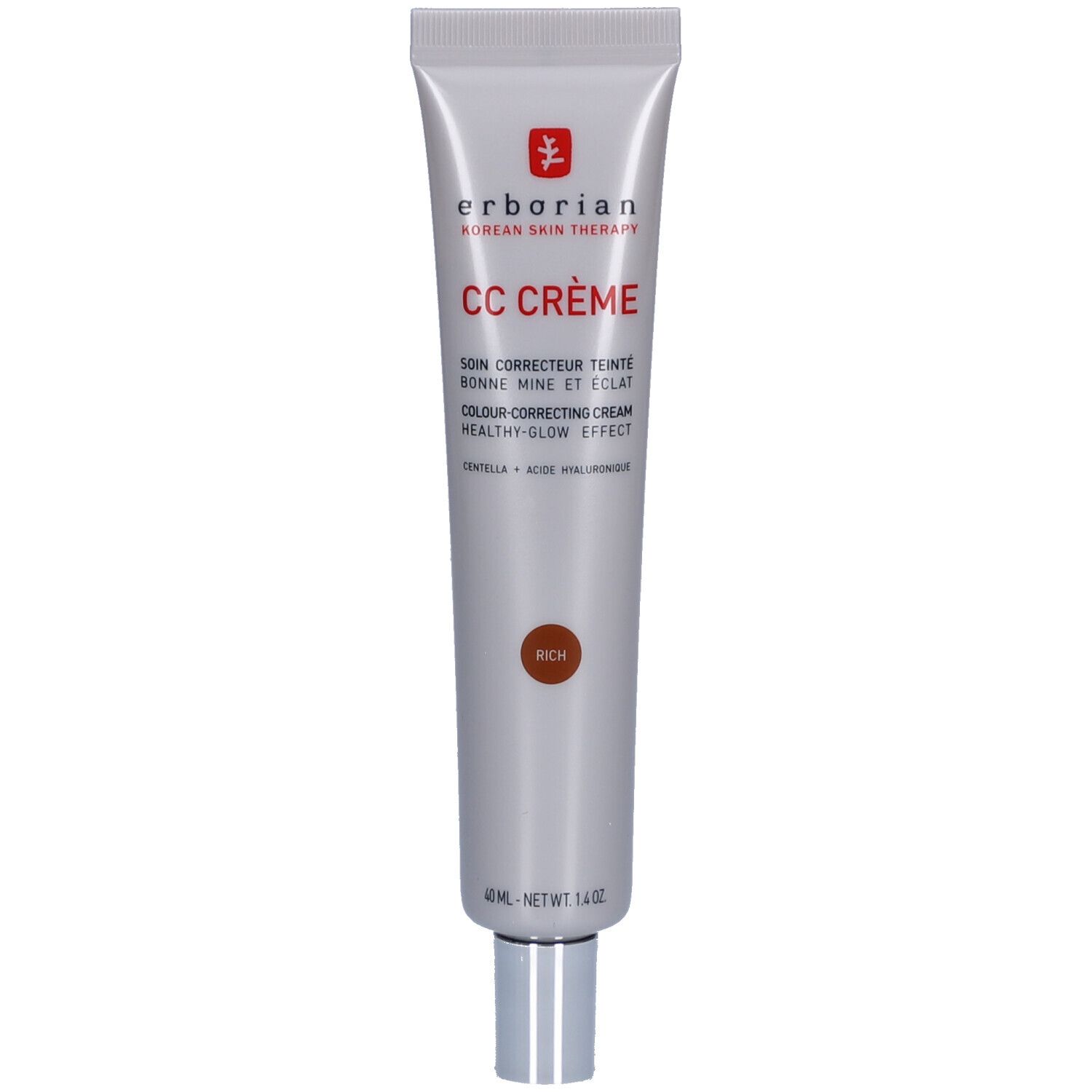 Tube argenté "CC CRÈME" avec texte rouge. Contient 40 ml. Teinte Rich. Marque: Erborian.