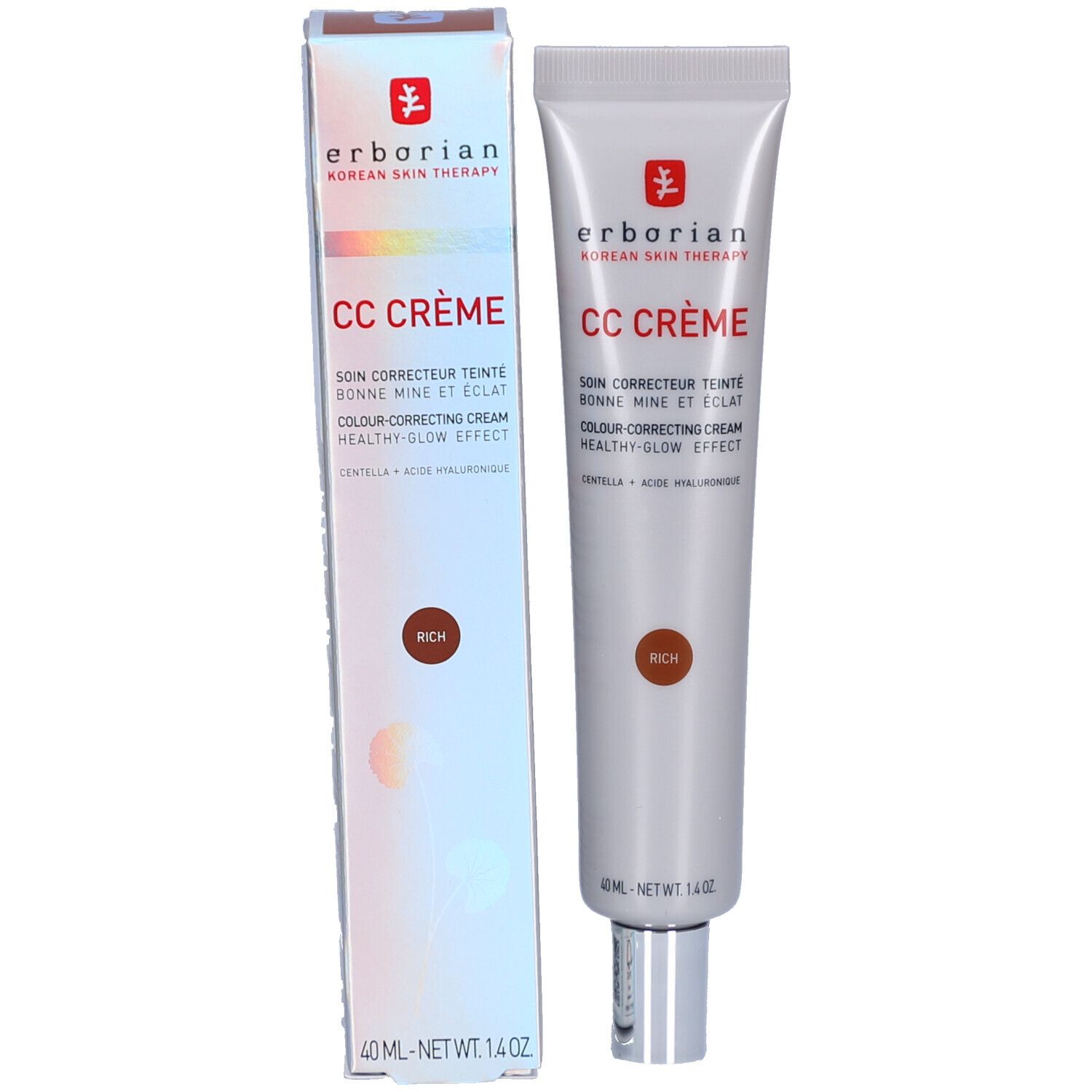 Emballage du produit avec tube et boîte. Boîte avec nom du produit et teinte Rich. Marque: Erborian.