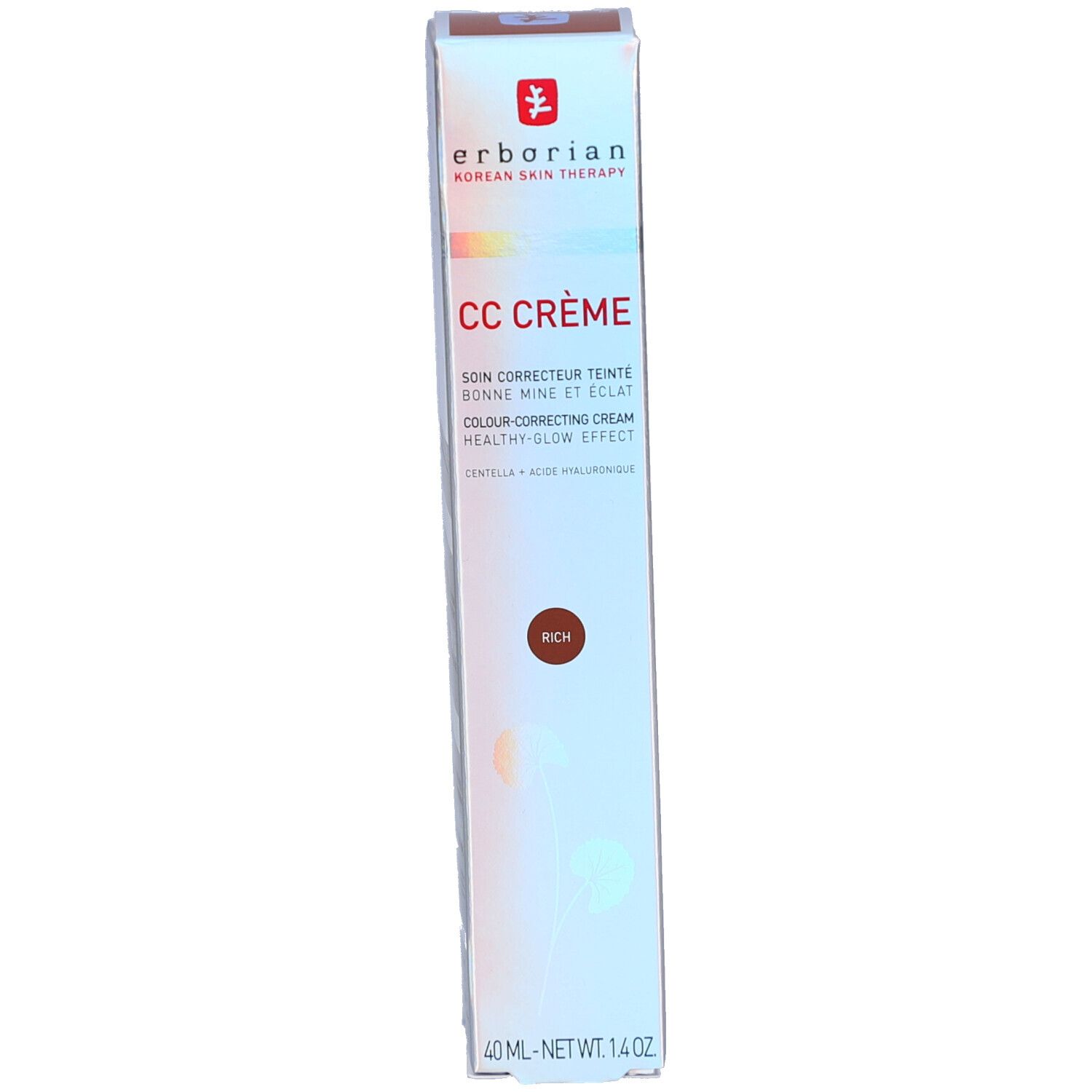 Boîte avec nom du produit et teinte Rich. Marque: Erborian. Contient des informations sur le produit.