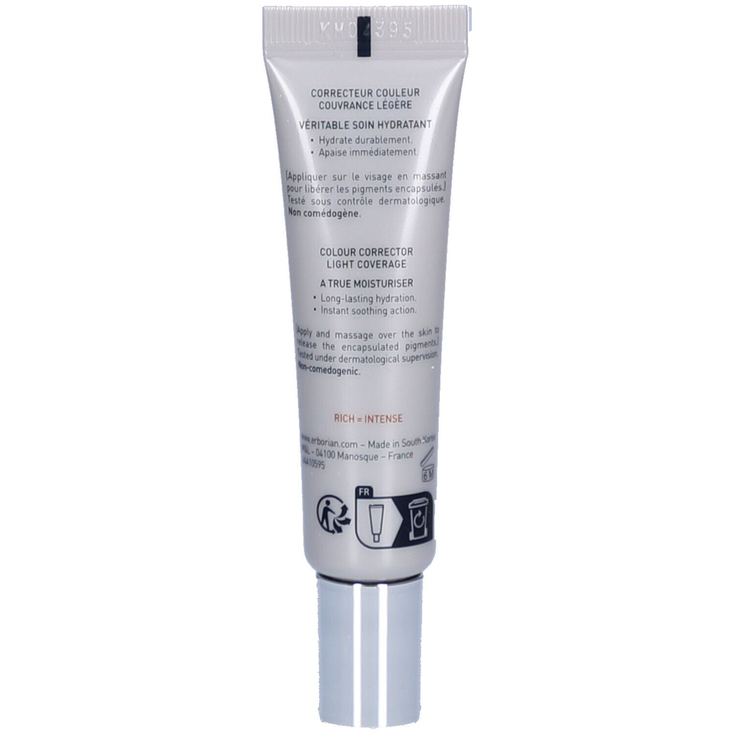 Dos du tube de crème. Informations textuelles sur le produit et son utilisation. Teinte : Rich - Intense.