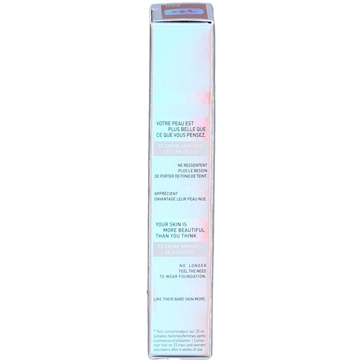 Emballage produit étroit, informations textuelles. Nom du produit non visible. Texte en anglais et français.