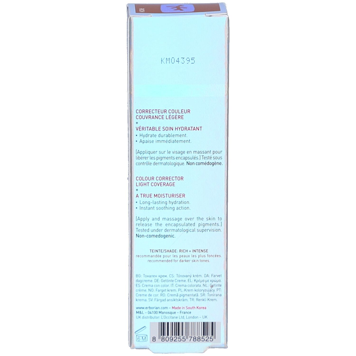 Emballage produit étroit, informations textuelles. Nom du produit non visible. Texte en anglais et français.