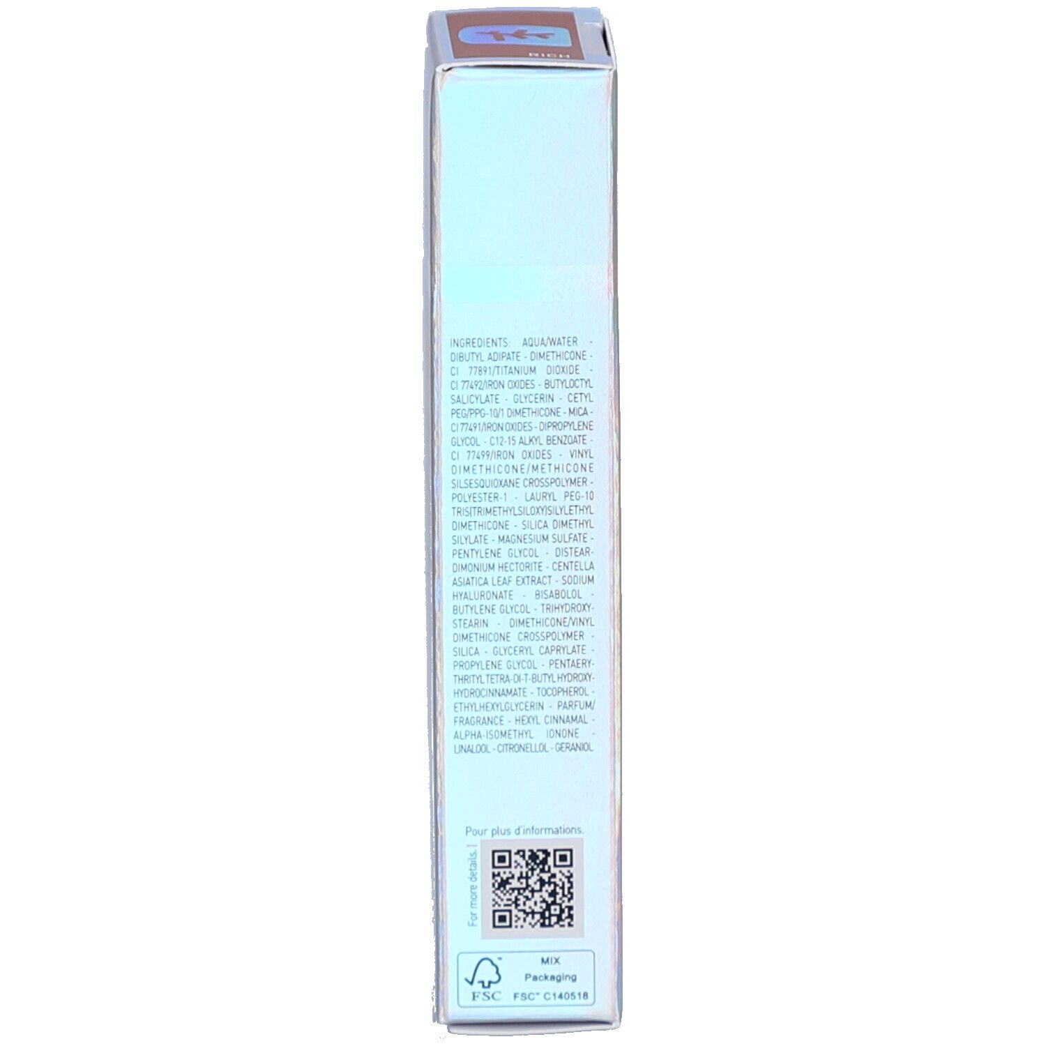 Emballage produit étroit, informations textuelles. Nom du produit non visible. Ingrédients et code QR.