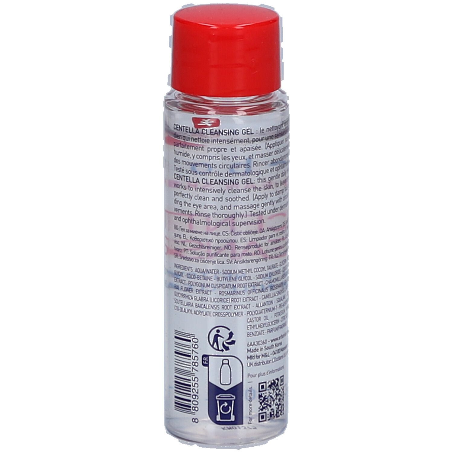 Flacon transparent, bouchon rouge. Dos avec texte et code QR. Marque: Erborian.