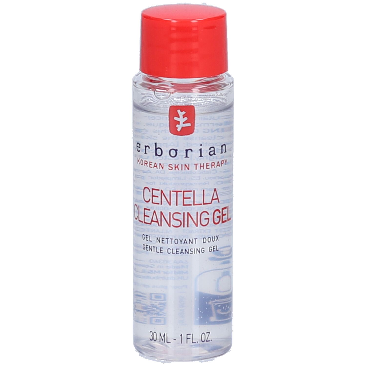 Flacon transparent, bouchon rouge. Inscription: Centella Cleansing Gel, 30 ml. Marque: Erborian.
