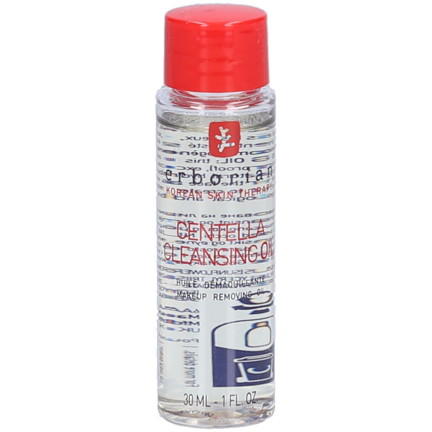 Flacon transparent avec bouchon rouge. Inscription: Centella Cleansing Oil. Marque: Erborian. 30 ml.