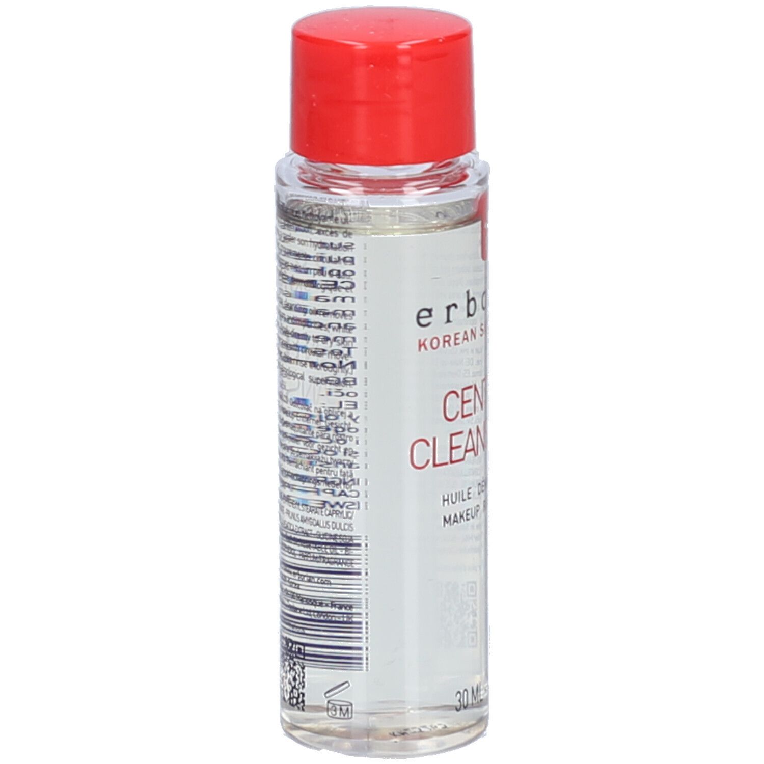 Flacon transparent avec bouchon rouge. Inscription: Centella Cleansing Oil. Marque: Erborian. 30 ml.