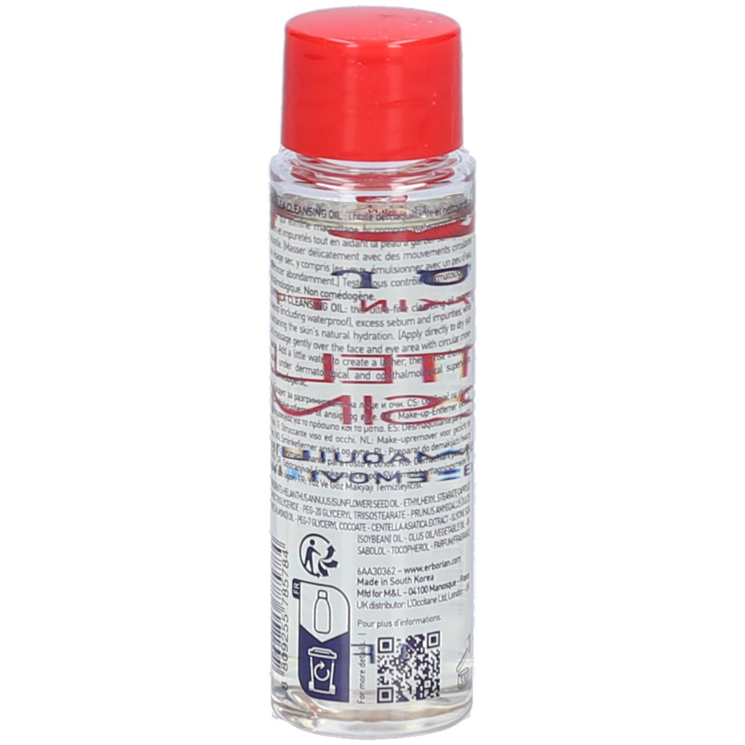 Flacon transparent avec bouchon rouge. Texte au dos. Marque: Erborian. 30 ml.