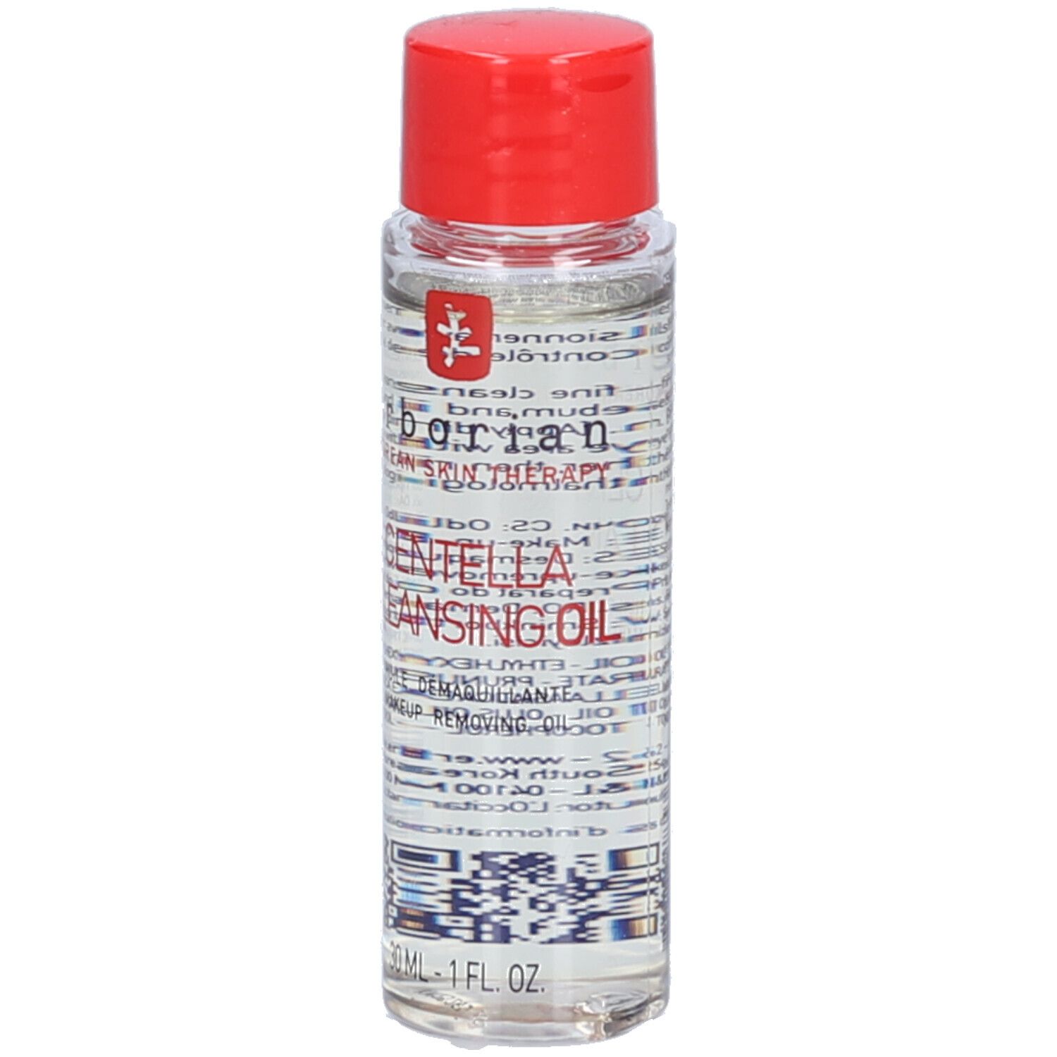 Flacon transparent avec bouchon rouge. Inscription: Centella Cleansing Oil. Marque: Erborian. 30 ml.