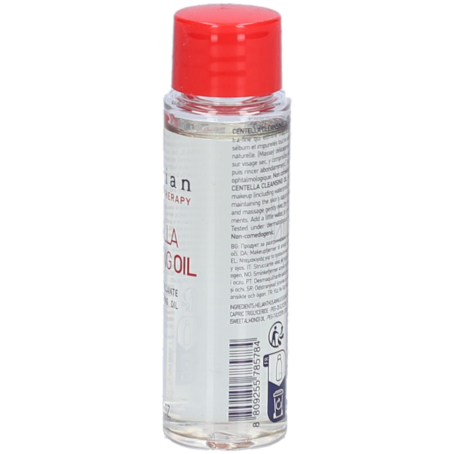 Flacon transparent avec bouchon rouge. Inscription: Centella Cleansing Oil. Marque: Erborian. 30 ml.