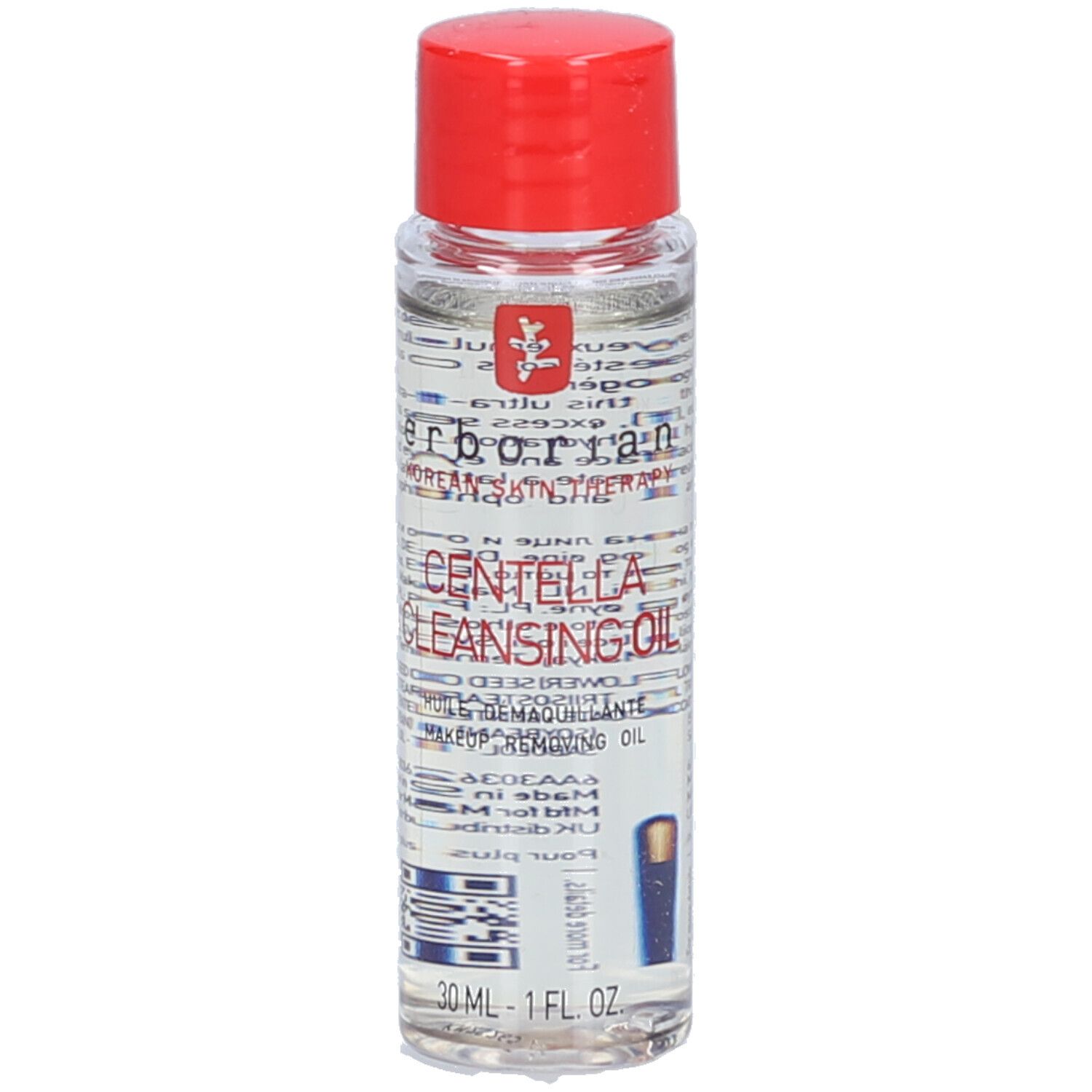 Flacon transparent avec bouchon rouge. Inscription: Centella Cleansing Oil. Marque: Erborian. 30 ml.