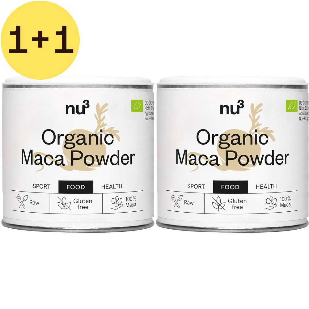 Deux boîtes de poudre de maca bio nu3 avec autocollant jaune 1+1. Inscription : Organic Maca Powder, Sport, Food, Health, 100% Maca, Gluten Free, Raw.