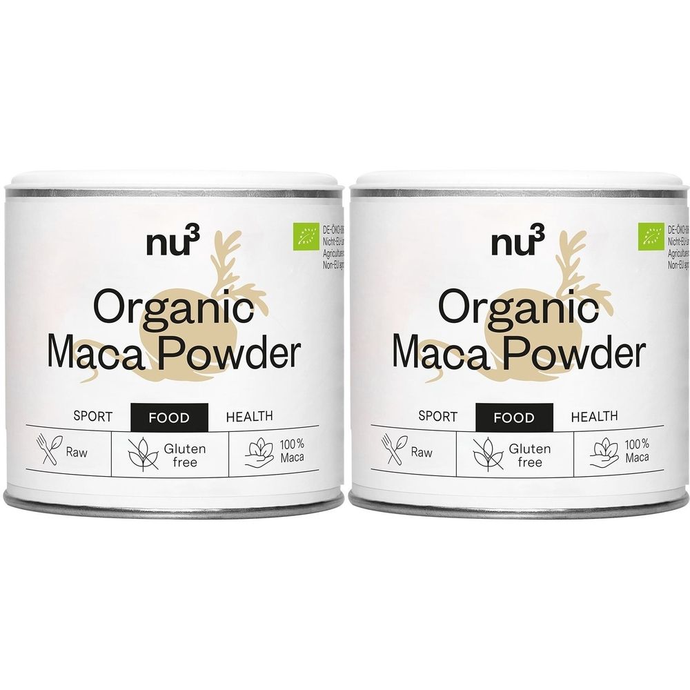 Deux boîtes de poudre de maca nu3 Organic. Inscriptions : Sport, Food, Health, Raw, Gluten free, 100% Maca. Label bio.
