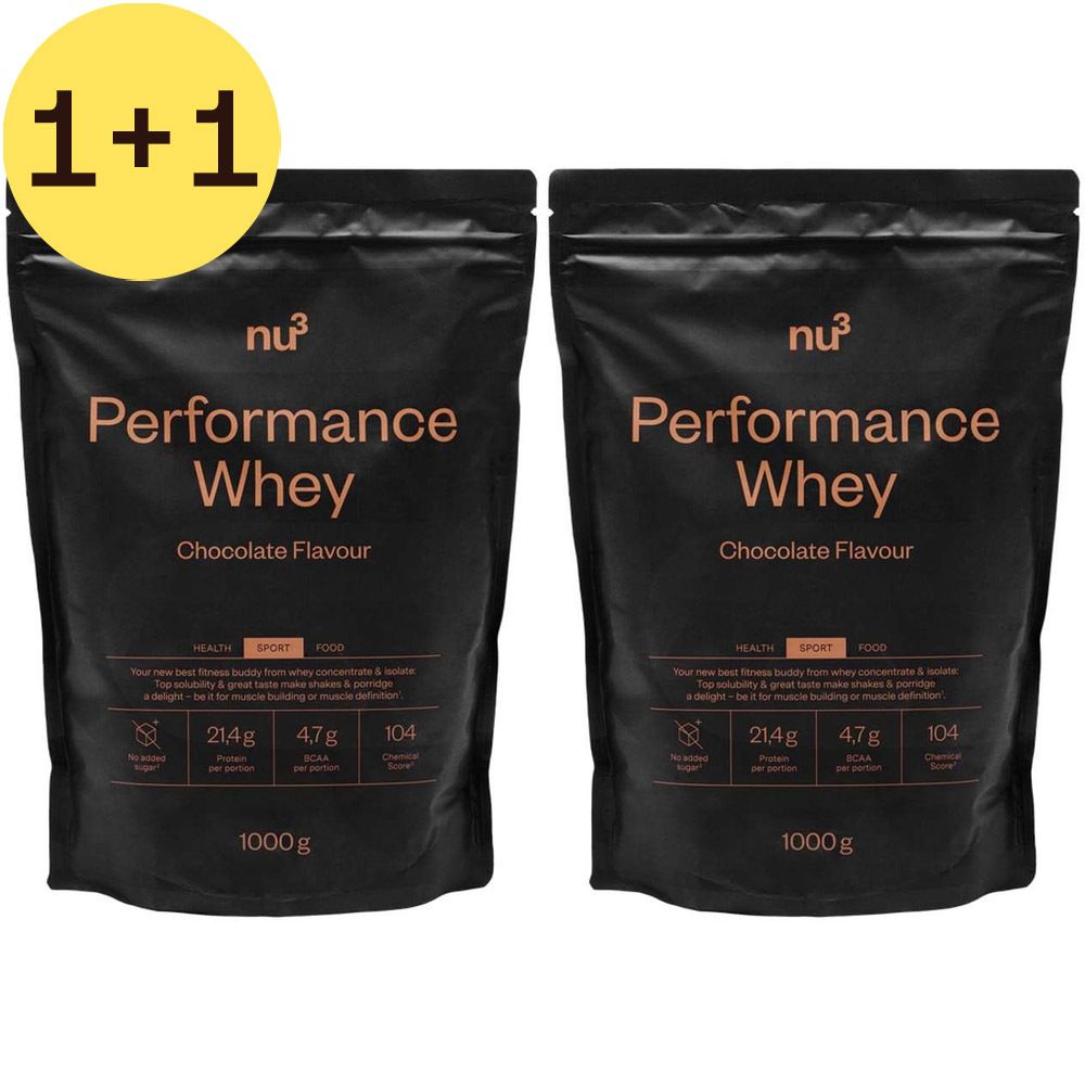Deux sachets noirs "nu3 Performance Whey Chocolate" avec autocollant jaune 1+1.