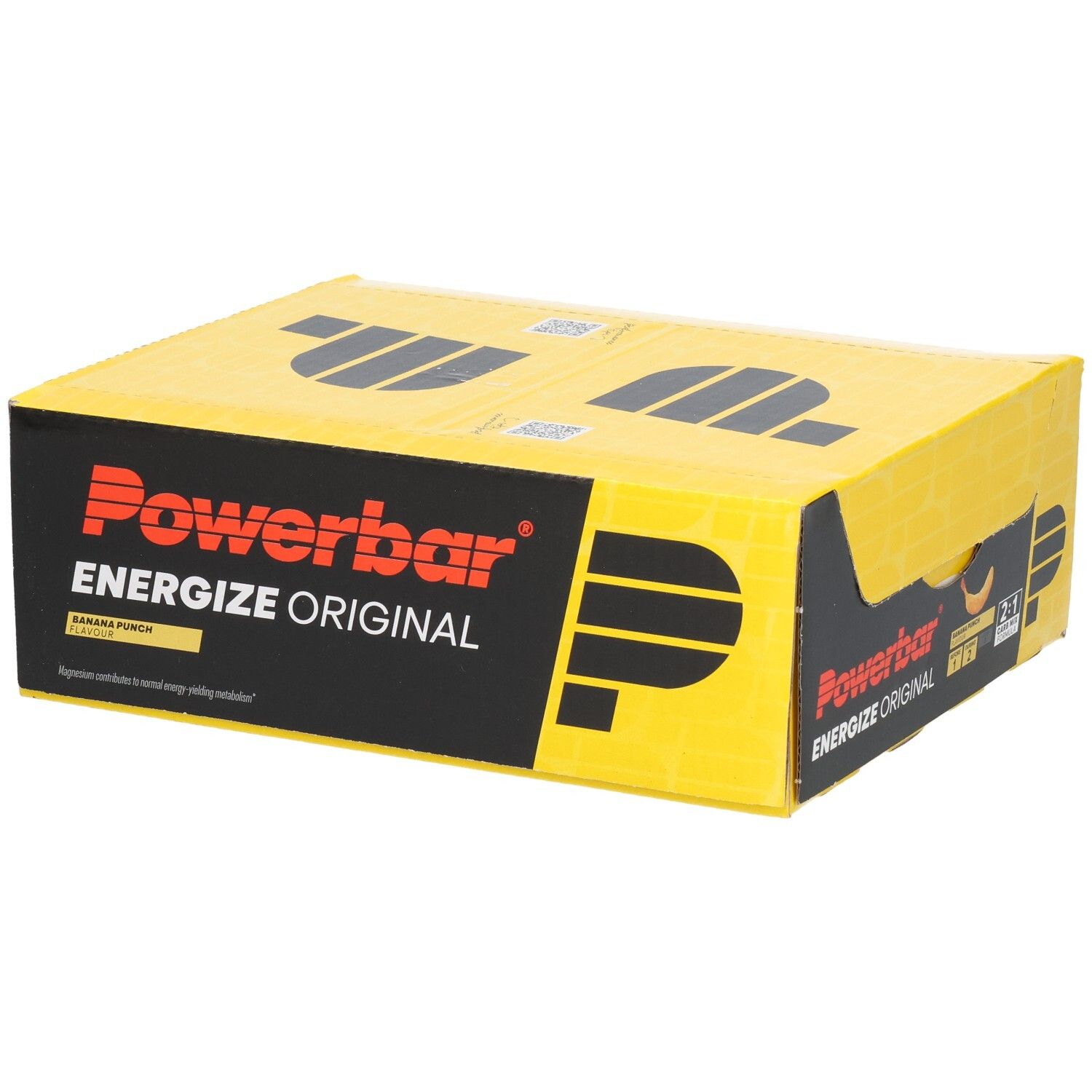 Emballage carton jaune avec logo "Powerbar Energize Original". Inscription "Banana Punch".