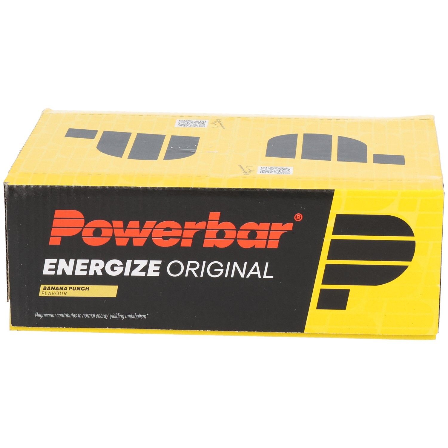 Emballage carton jaune avec logo "Powerbar Energize Original". Inscription "Banana Punch".