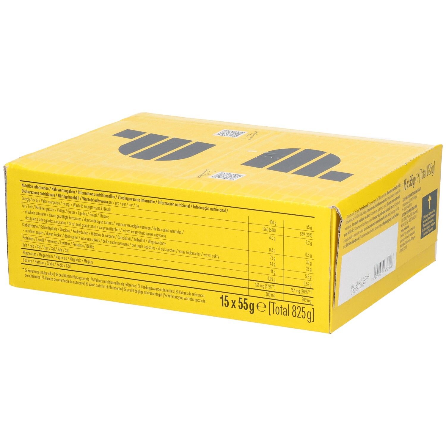 Emballage carton jaune avec informations nutritionnelles. Inscription "15 x 55g".