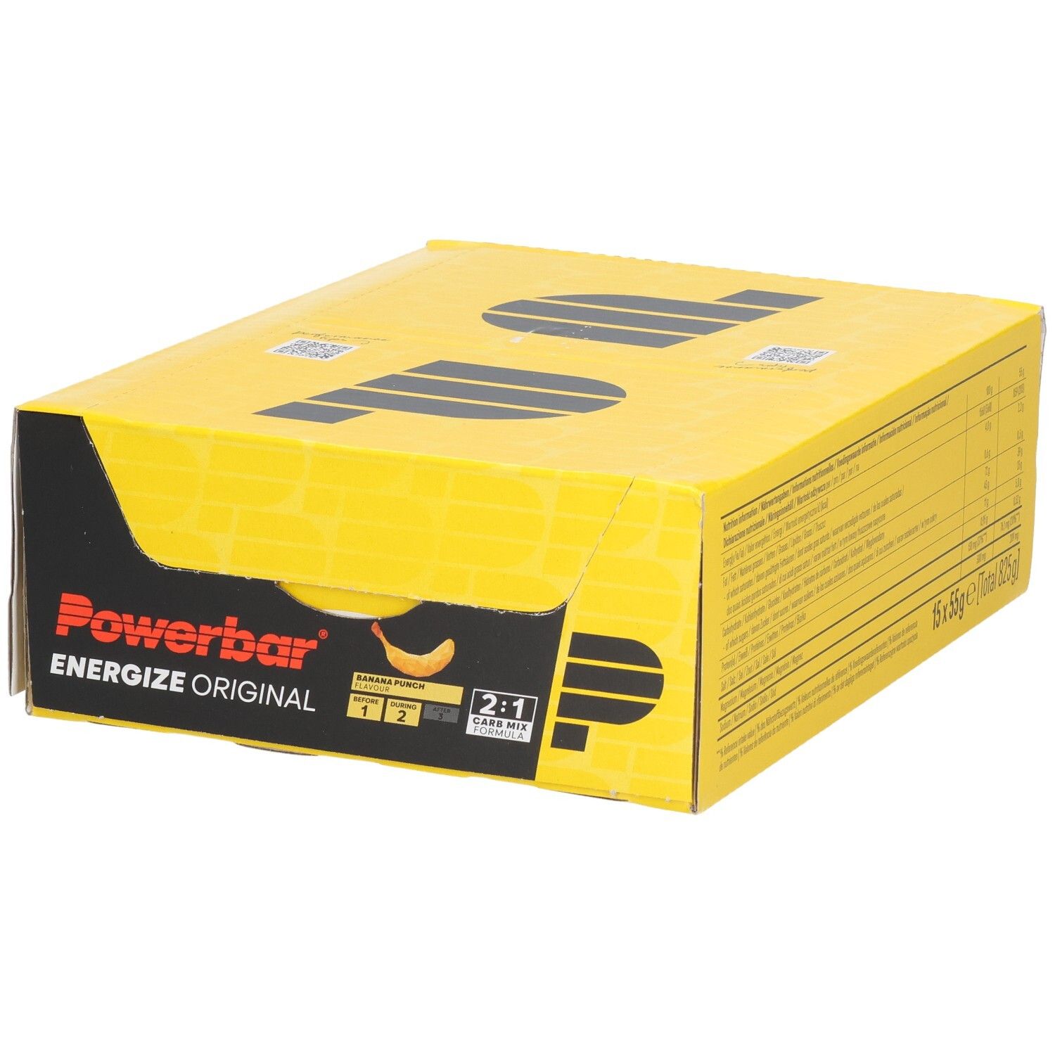 Emballage carton jaune avec logo "Powerbar Energize Original". Inscription "Banana Punch".