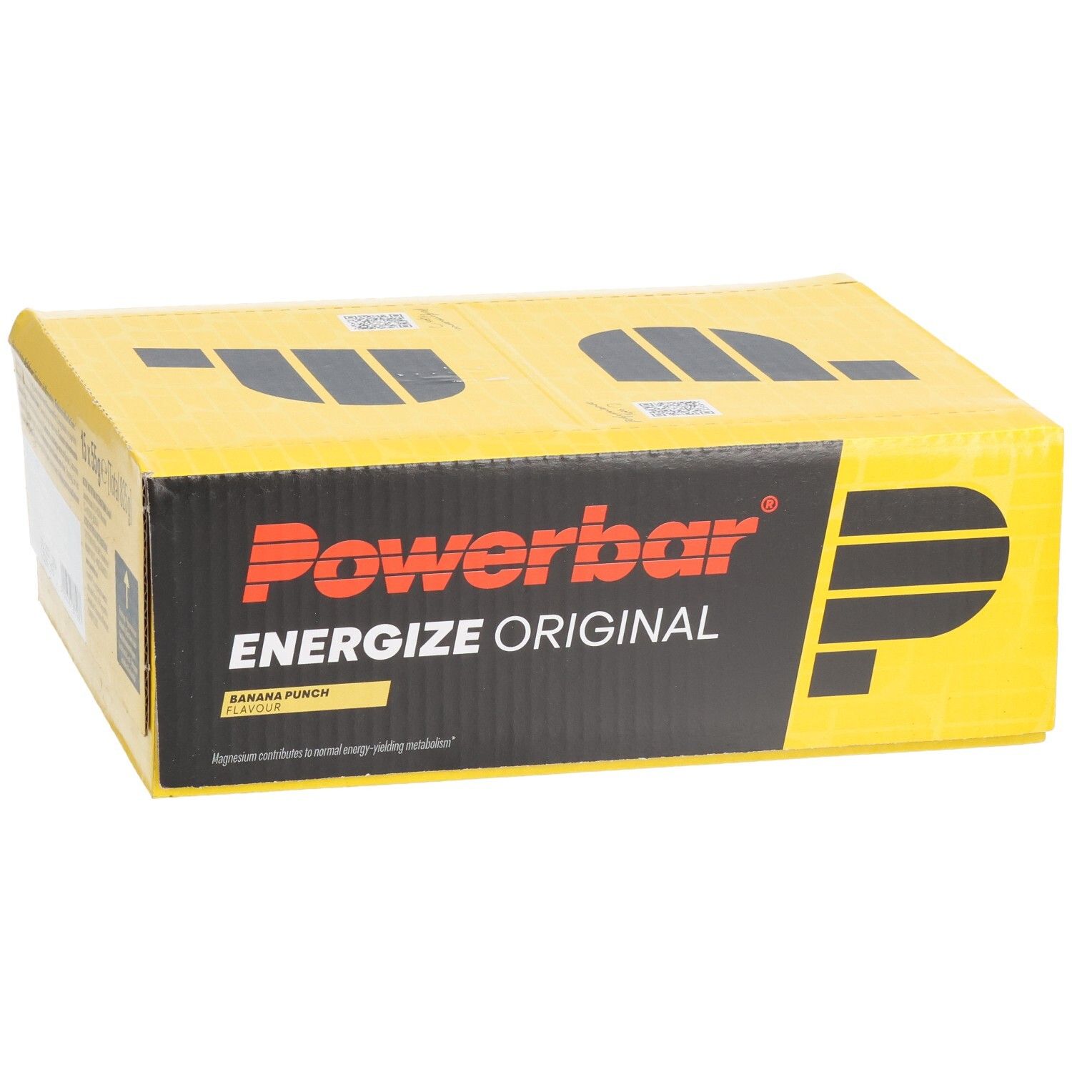 Emballage carton jaune avec logo "Powerbar Energize Original". Inscription "Banana Punch".