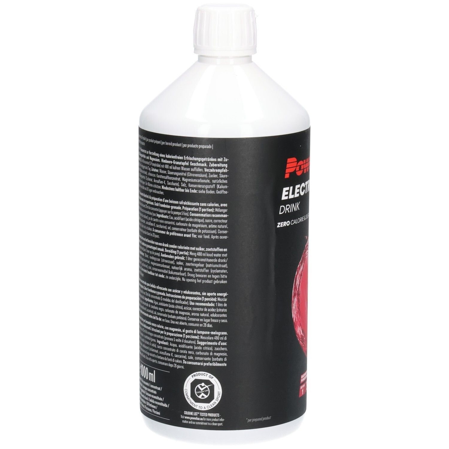 Arrière d'une bouteille PowerBar Electrolyte Drink avec informations nutritionnelles et instructions.