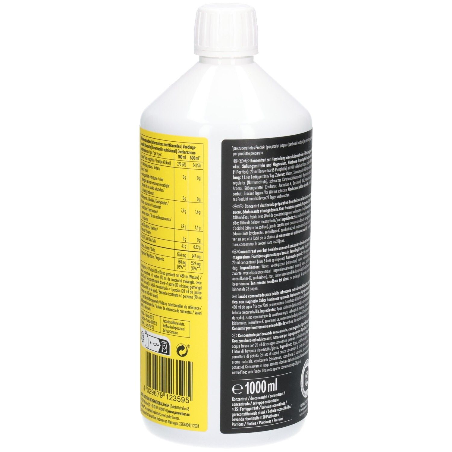 Vue latérale d'une bouteille PowerBar Electrolyte Drink avec tableau nutritionnel et code-barres.
