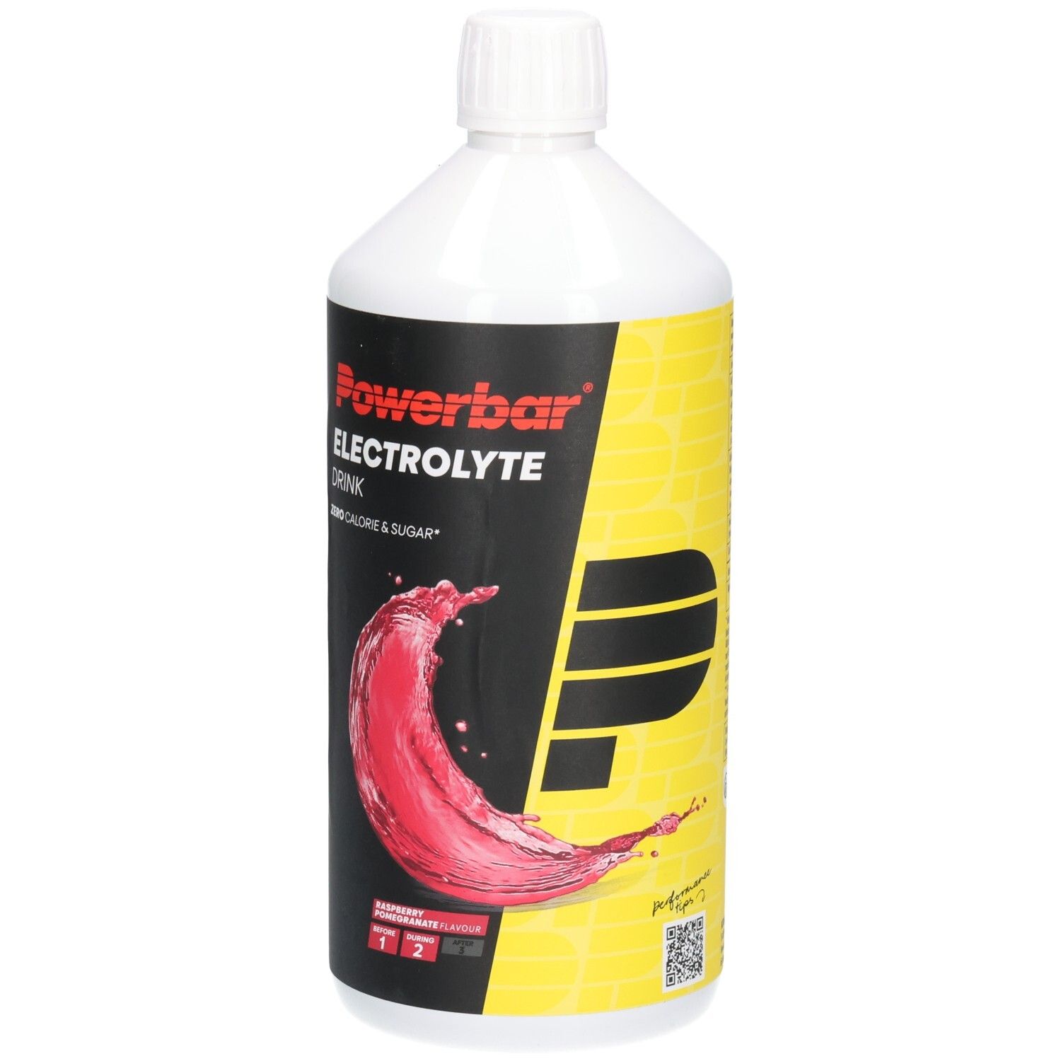 Bouteille PowerBar Electrolyte Drink, 1000ml, saveur baies. Avec grand logo 'P'.