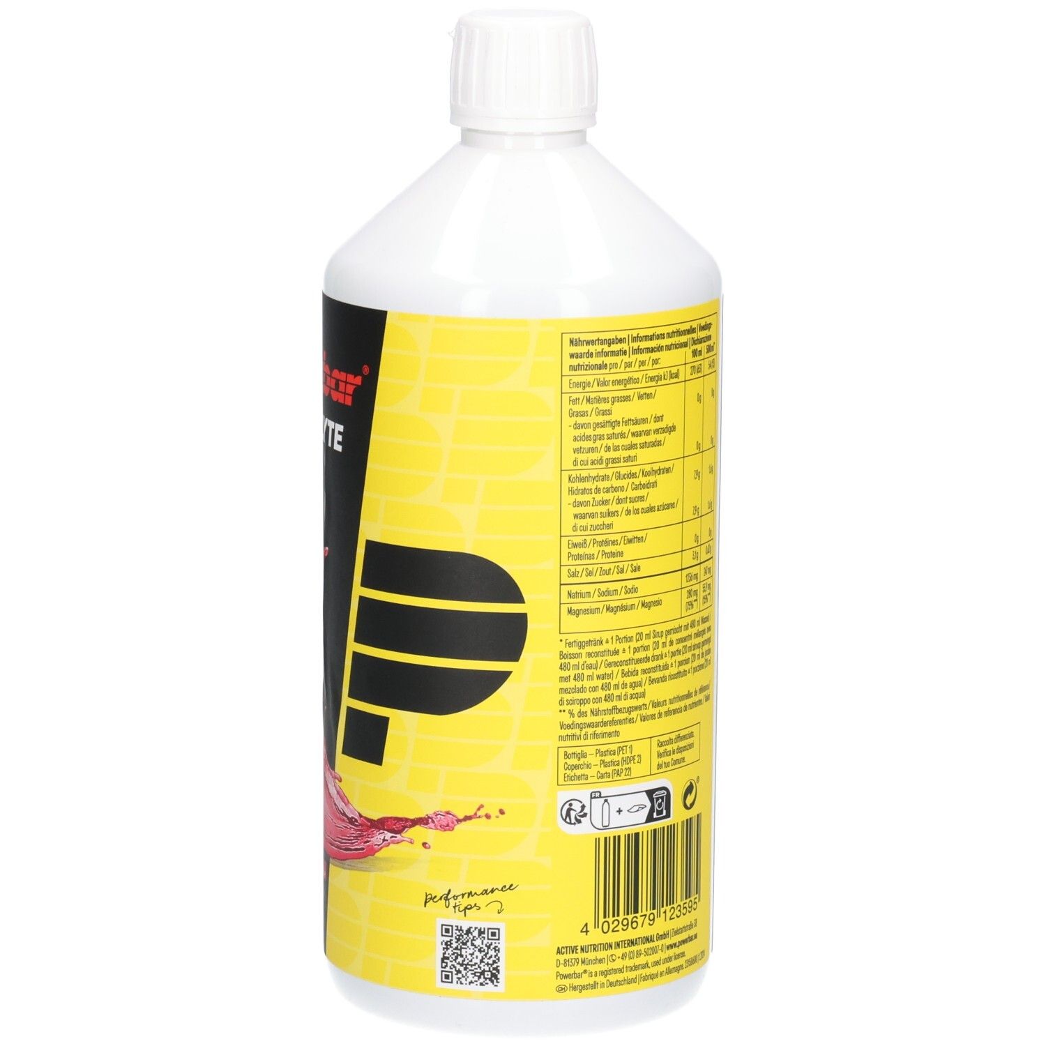 Vue latérale d'une bouteille PowerBar Electrolyte Drink avec informations nutritionnelles et QR-code.