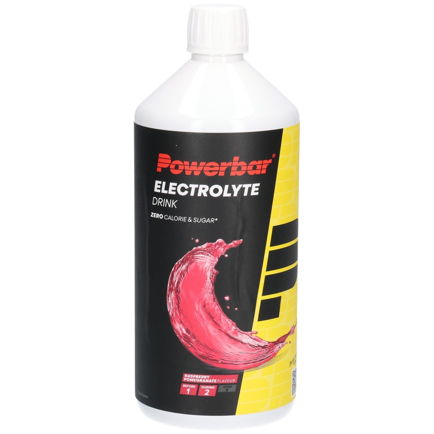 Bouteille PowerBar Electrolyte Drink, 1000ml, saveur baies. Avec éclaboussure et logo 'P'.