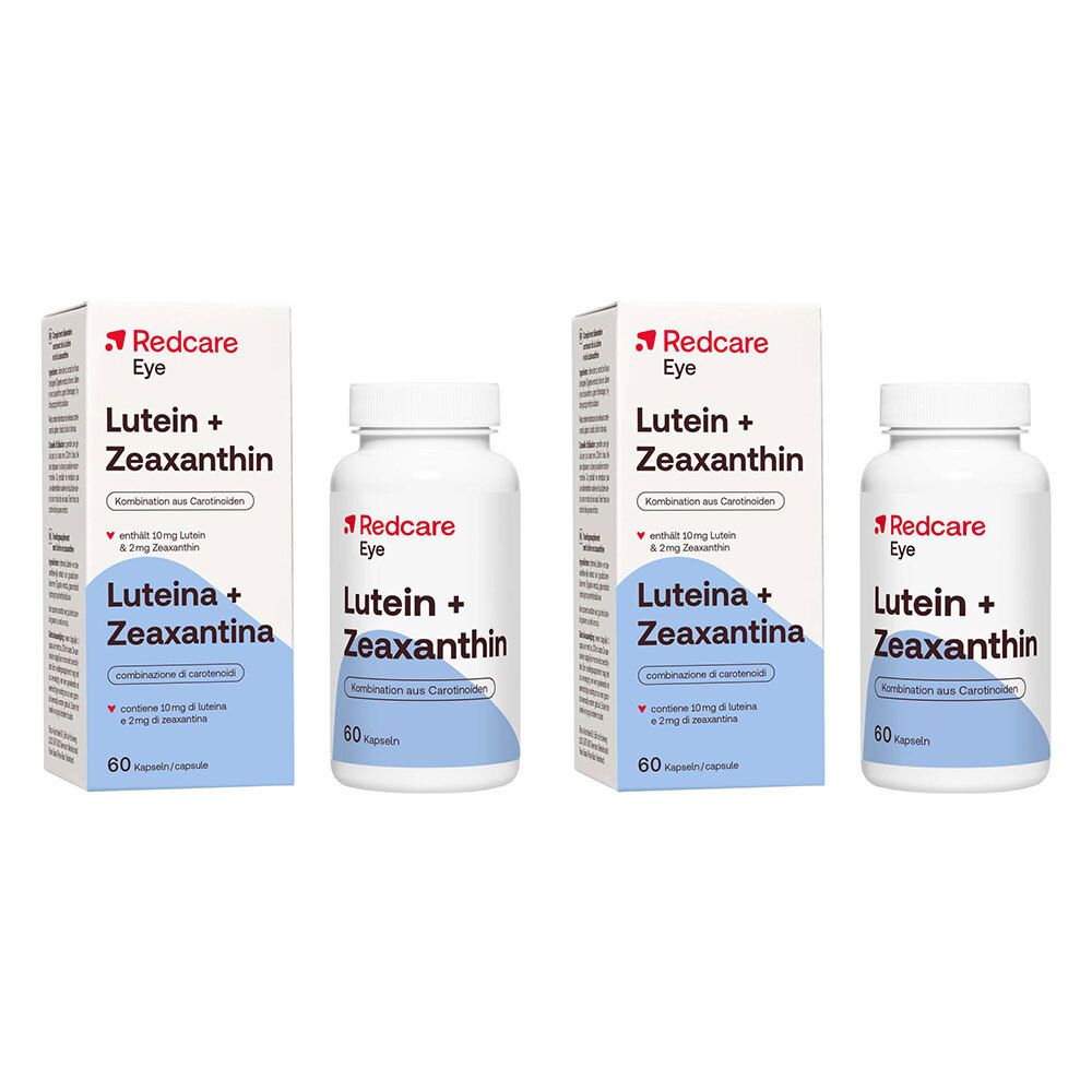 Plusieurs boîtes et flacons de Redcare Eye Lutein + Zeaxanthin. Inscription : Lutein + Zeaxanthin, 60 capsules.