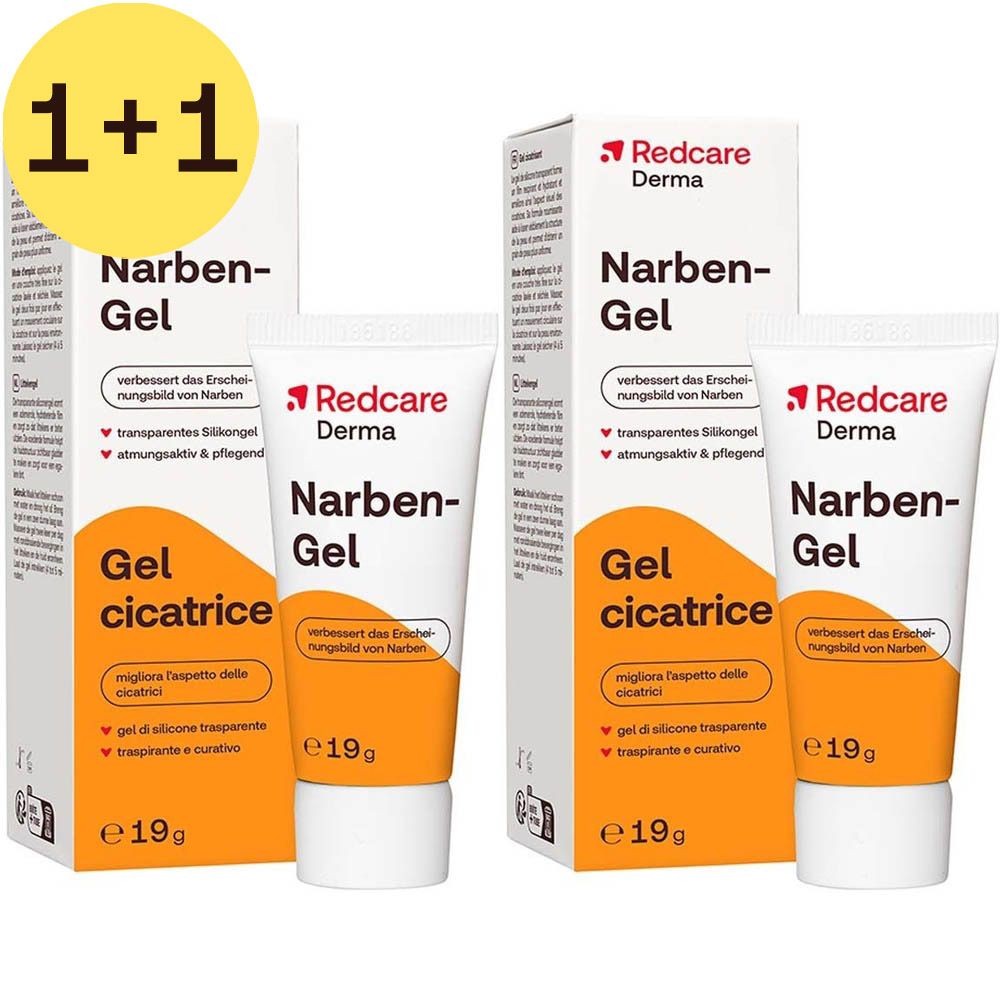 Deux tubes et deux boîtes de Redcare Derma Narben-Gel. "Narben-Gel" est écrit sur les tubes et les boîtes.