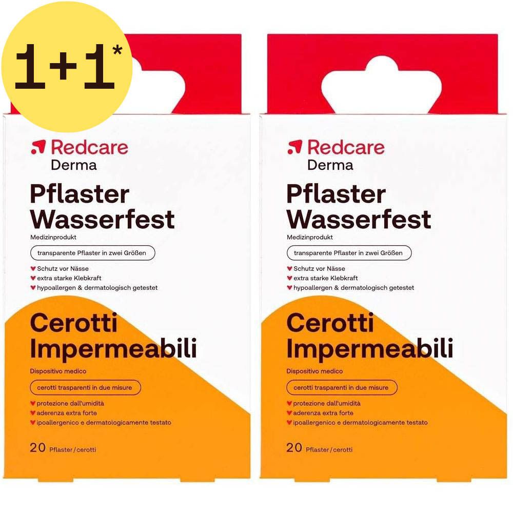 Deux paquets de pansements Redcare imperméables, 20 pièces, sur emballage blanc avec accents orange.
