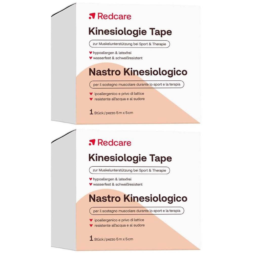 Emballage Redcare Kinesiologie Tape avec indications textuelles : hypoallergénique & sans latex, résistant à l'eau & à la transpiration.