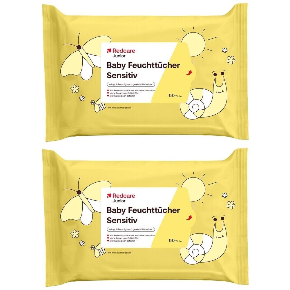 Deux paquets de lingettes pour bébé Sensitiv. Emballage jaune avec illustrations et informations produit.