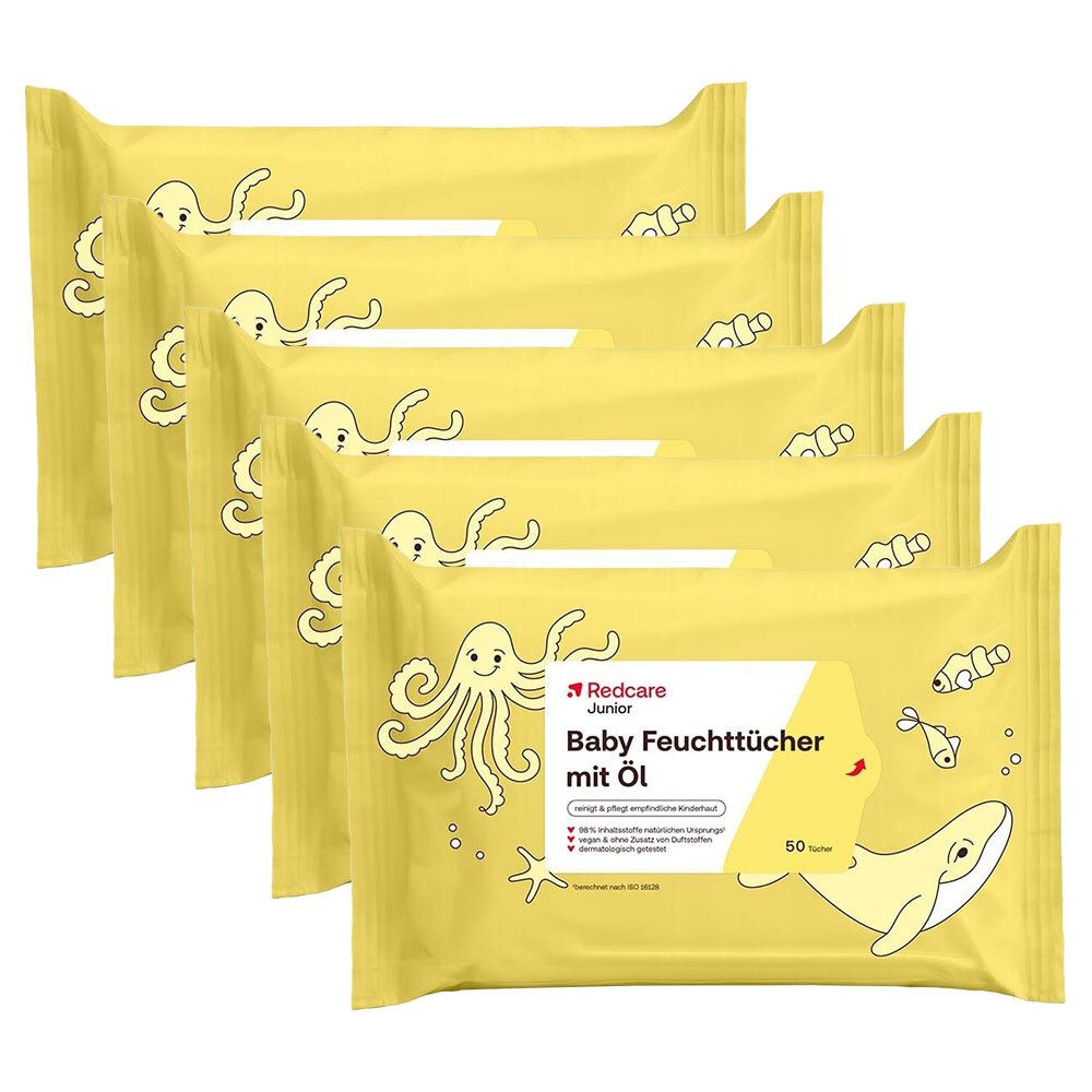 Cinq paquets de lingettes humides jaunes. Impression : poulpe, baleine, poisson, texte : Baby Feuchttücher mit Öl, Redcare Junior. 50 lingettes.