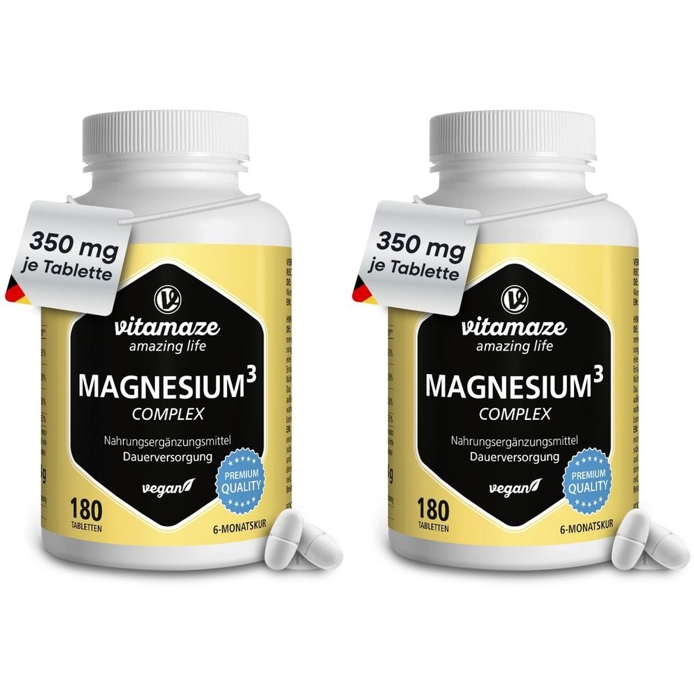 Deux flacons de gélules blanches. Étiquette avec « 350 mg par comprimé ». Étiquette noire avec « MAGNESIUM³ COMPLEX » et « vegan ».