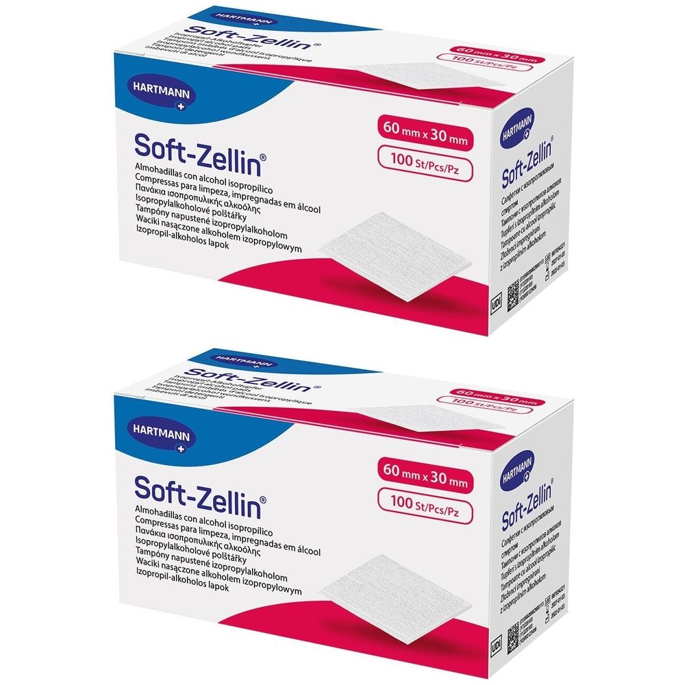 Deux boîtes de tampons alcoolisés Soft-Zellin®. Inscriptions : 60mm x 30mm, 100 pièces. Marque : HARTMANN.
