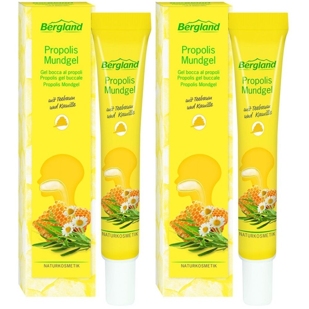 Tubes et boîtes de gel. Jaune, avec nom et logo du produit. Inscription : Propolis Mundgel. Cosmétiques naturels.