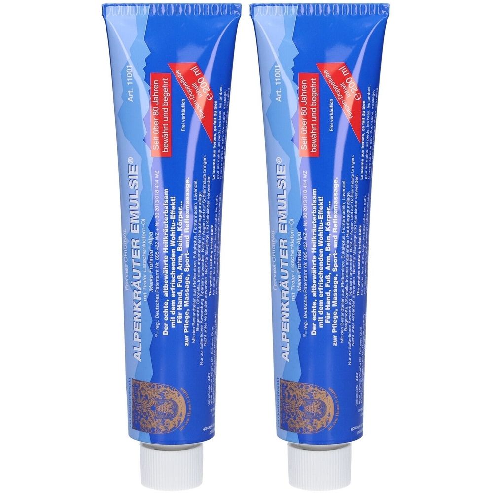 Deux tubes bleus d'ALPENKRÄUTER EMULSIE. Inscription : éprouvé et recherché depuis plus de 60 ans. Contient 200 ml.