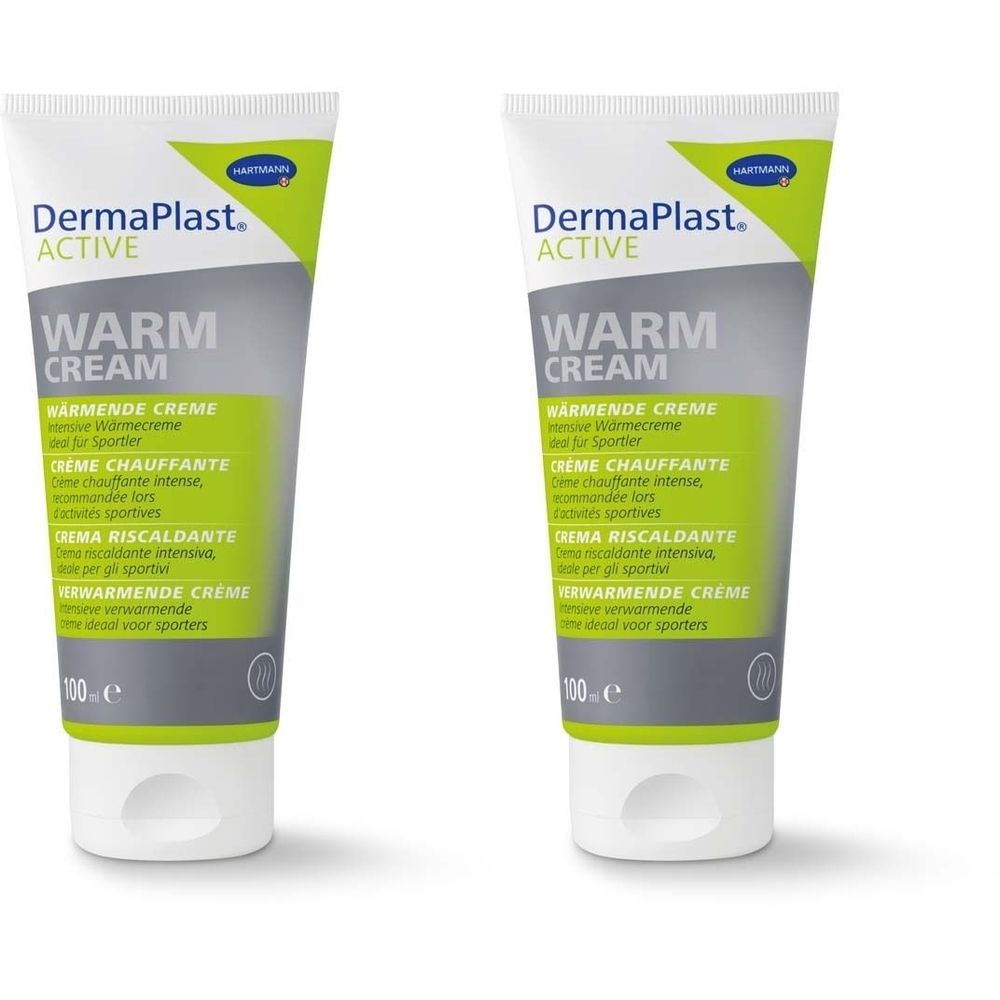 Deux tubes de Dermaplast Active Warm Cream. Tubes blancs avec des accents verts et gris. Texte: Warm Cream, différentes langues.