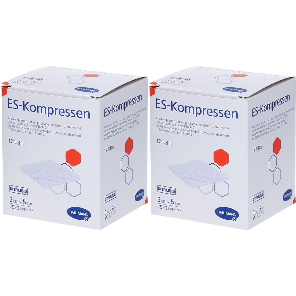 Deux boîtes de compresses ES-Kompressen stériles. Dimensions 5 x 5 cm, 25 pièces. Marque Hartmann. Pliage 17 x 8.