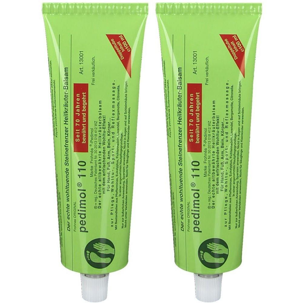 Deux tubes verts de pedimol® 110. Inscription : Depuis 70 ans éprouvé et recherché. Double emballage. Art. 13001. Avec symbole de pied.