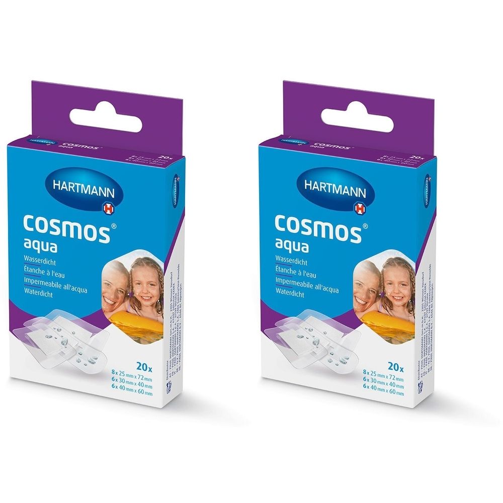 Deux boîtes de HARTMANN cosmos® aqua. Boîtes bleues avec nom du produit et illustrations. 20 pansements par boîte.